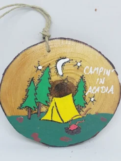 Camping Tent With Fire Moon And Trees Wood Ornament