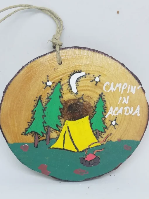 Camping Tent With Fire Moon And Trees Wood Ornament