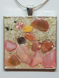 Crushed Clam And Pink Abalone Shell With Lobster Shell Accent Jewelry Pendant