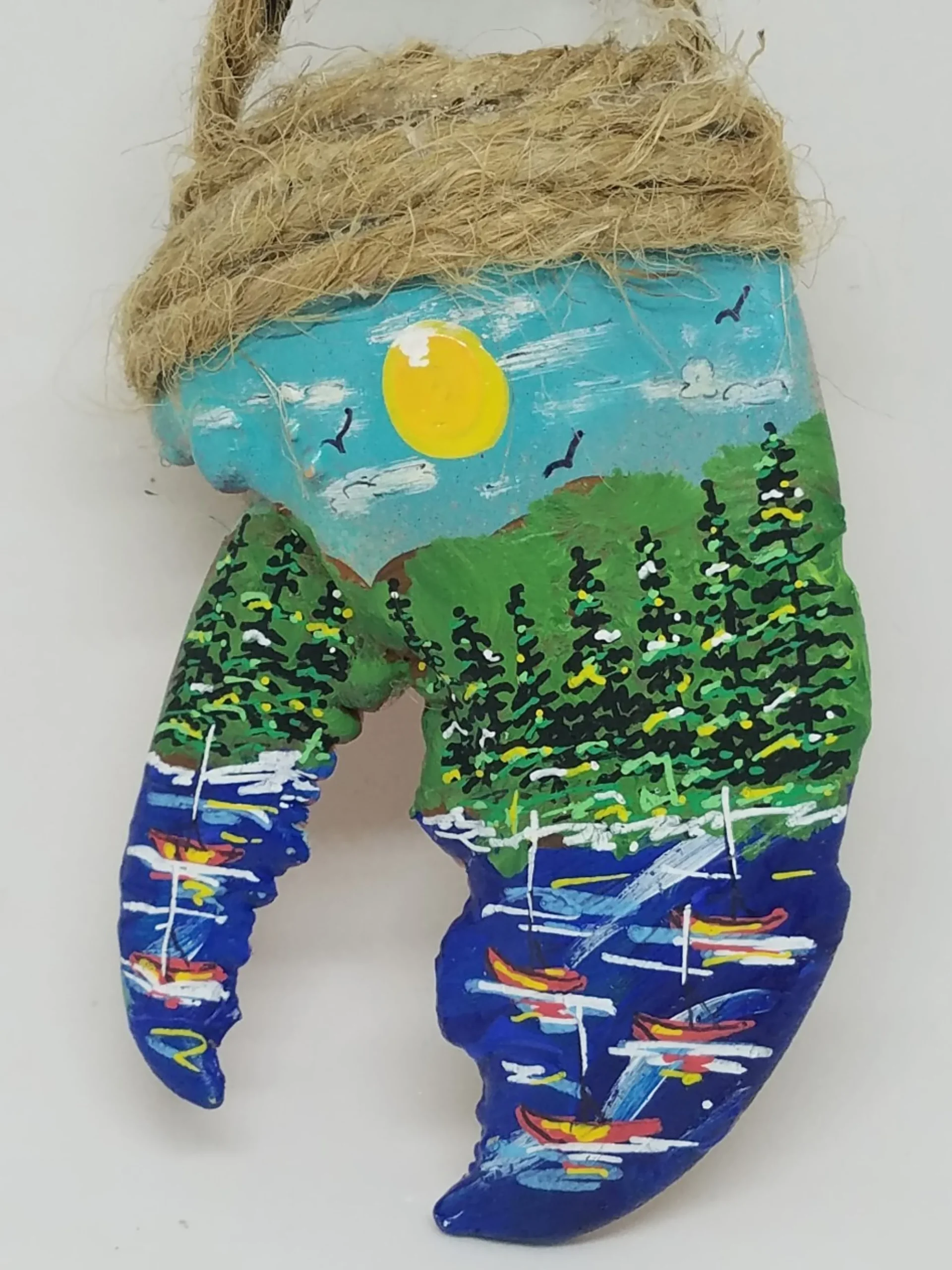 Forest Mountain Scene With Boats In Water Lobster Claw Ornament
