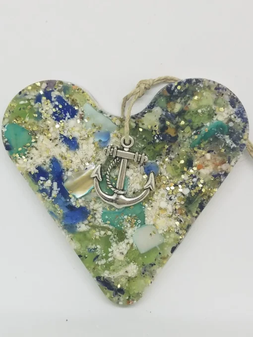 Heart With Crushed Clam Shell And Blue And Green Sea Glass Ornament