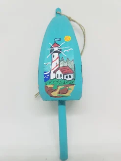 Red And White Striped Lighthouse On Blue Buoy Ornament